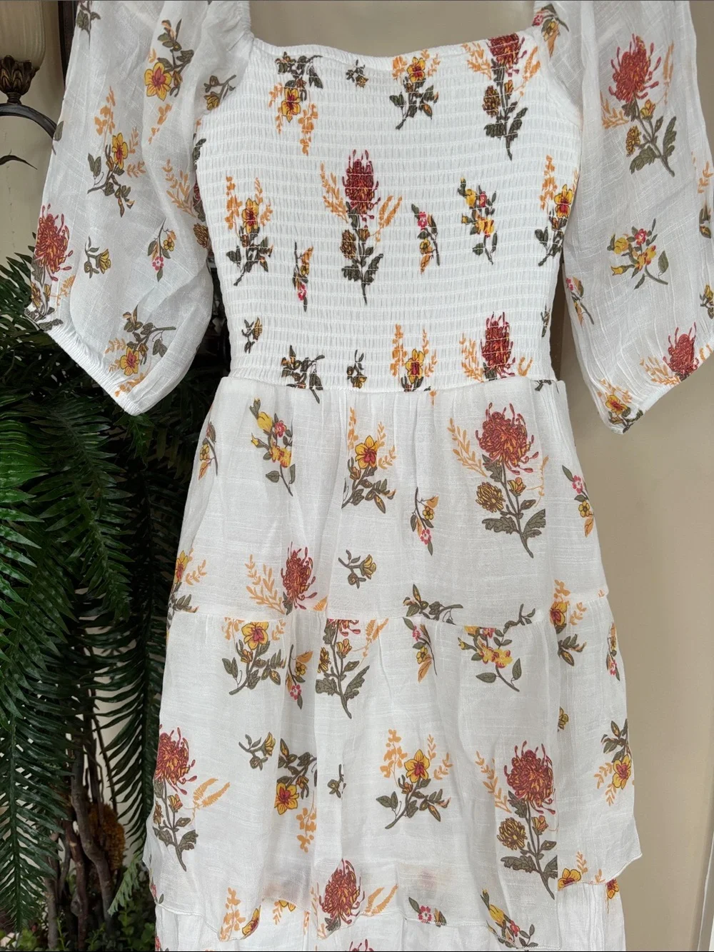J. Gee White Boho Floral Tiered Maxi Dress Smocked Bodice Ruffle Puff Sleeves - Picture 11 of 15